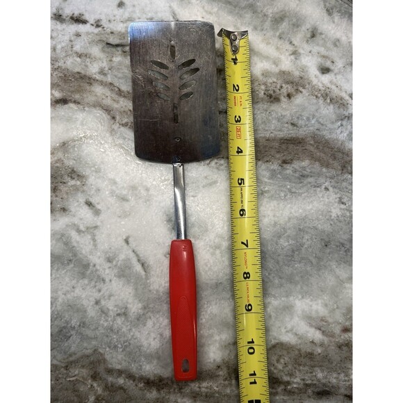 Vintage Metal Slotted Spatula Flipper Turner Red Handle 11” Leaf Design Kitchen - Picture 7 of 9